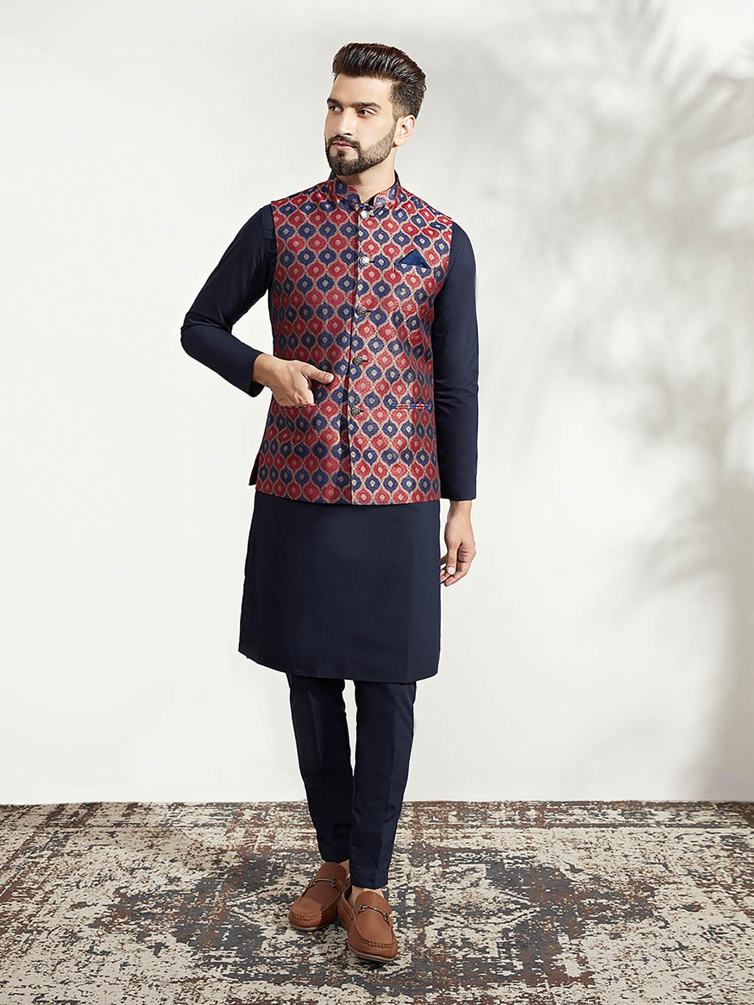 men red kurta jacket trouser set (set of 3)