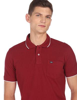 men red patch pocket solid cotton polo shirt