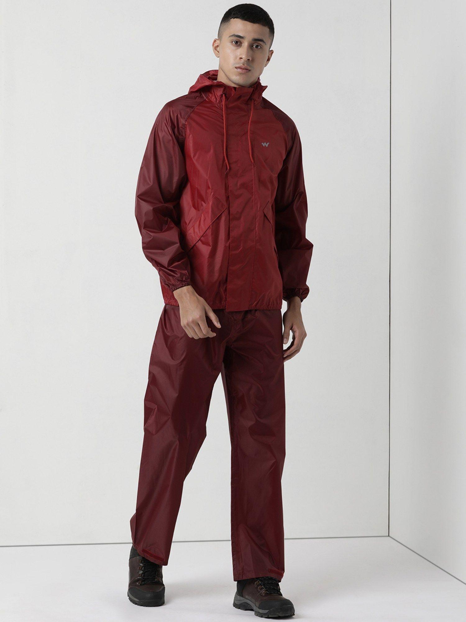men red polyester solid rain jacket with pant (set of 2)