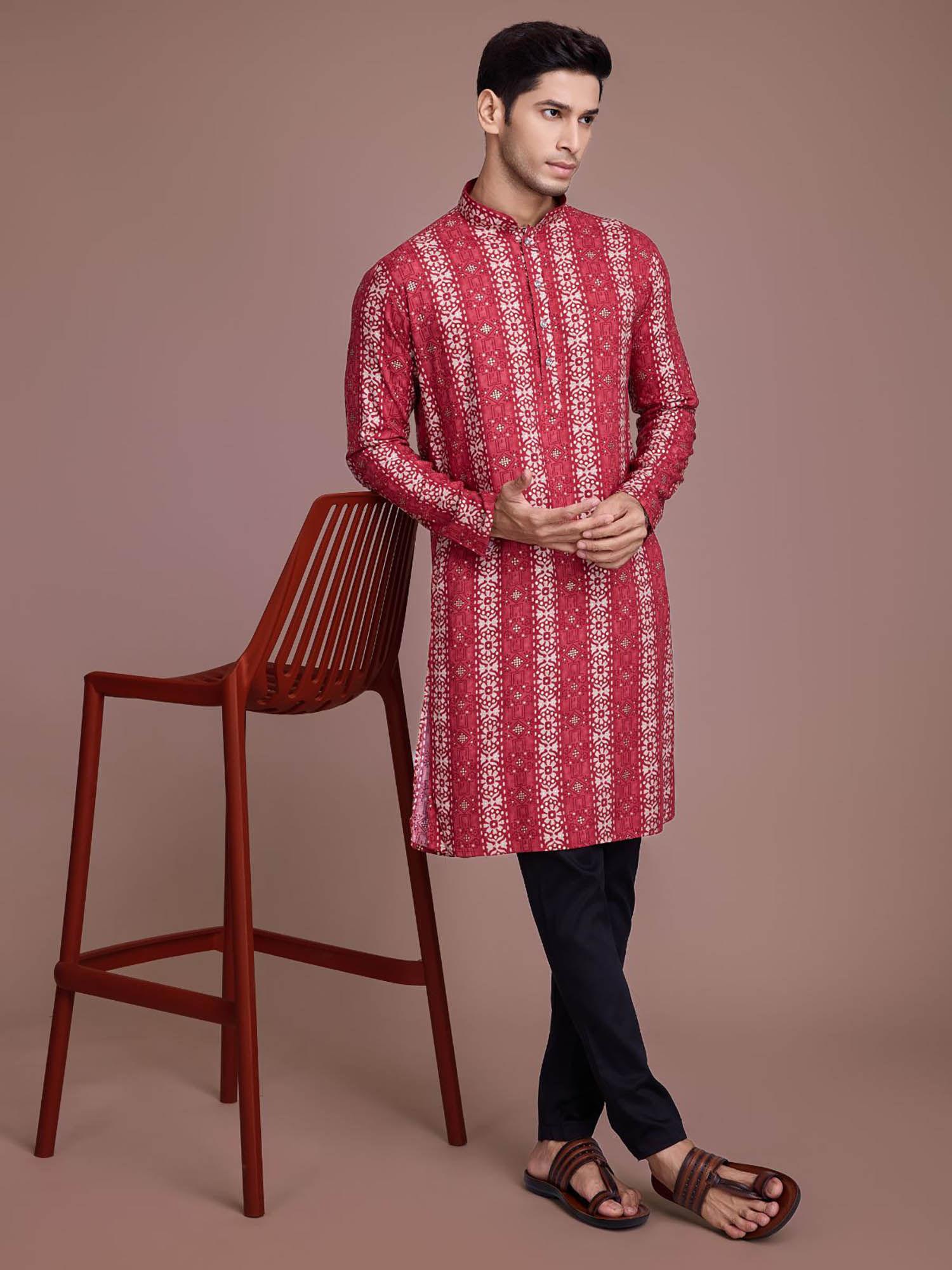 men red rayon printed stitched kurta