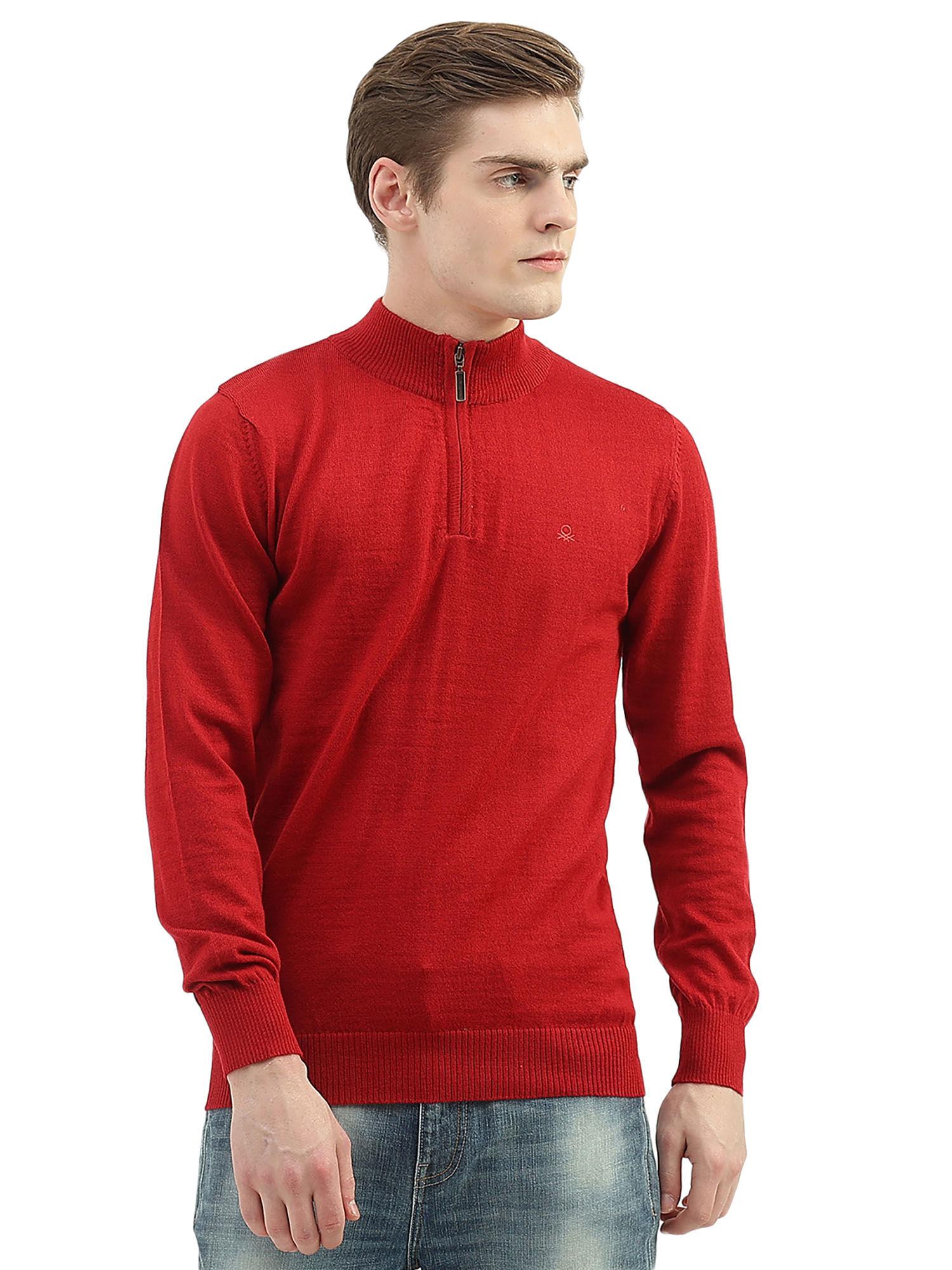 men red solid high neck sweater