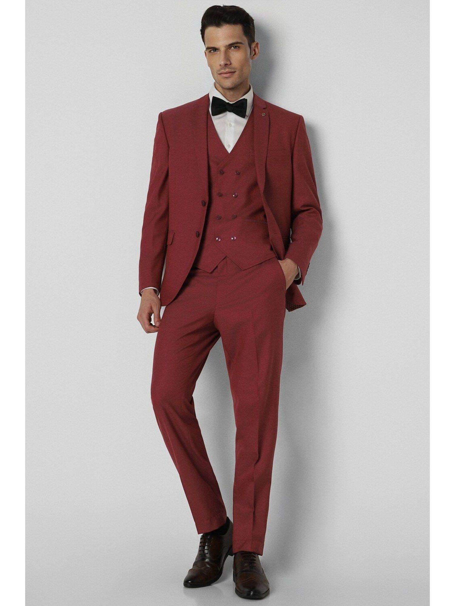 men red solid slim fit casual three piece suit (set of 3)