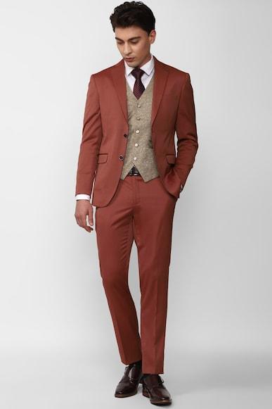 men red solid slim fit party three piece suit