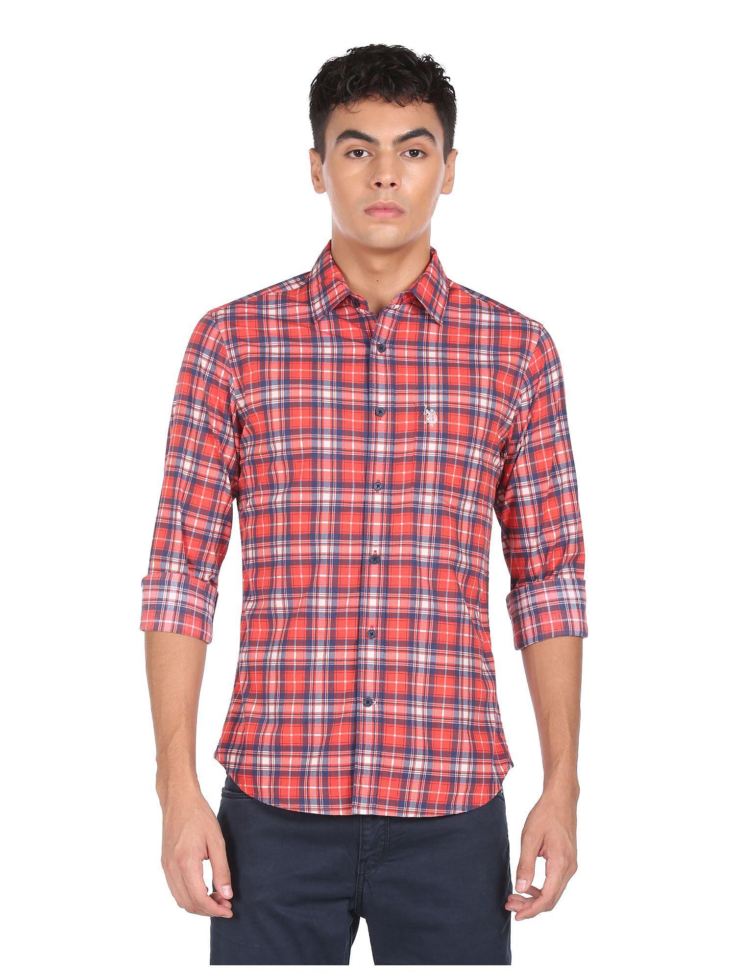 men red spread collar cotton check casual shirt