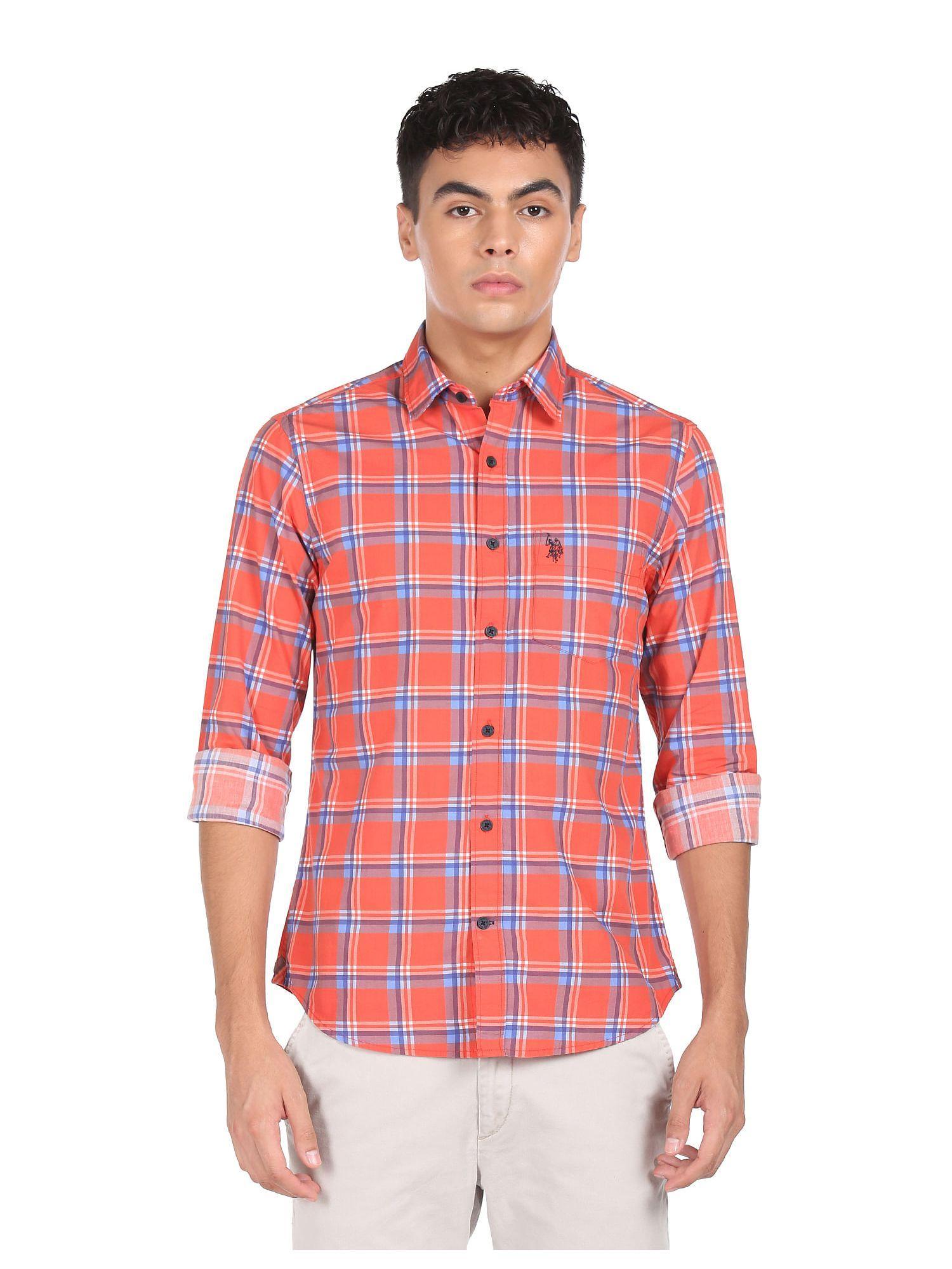 men red spread collar cotton check casual shirt