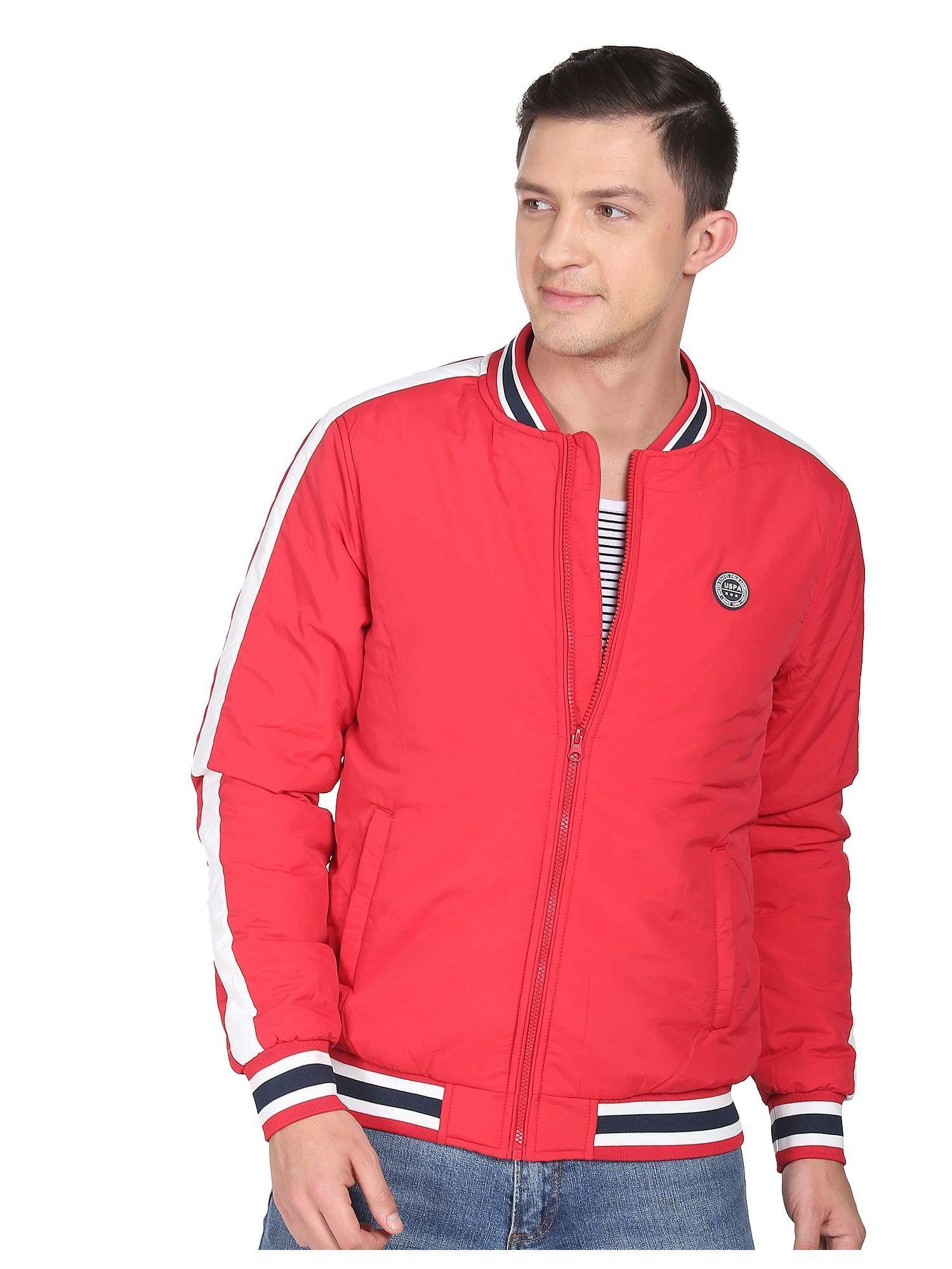 men red stand collar solid bomber jacket