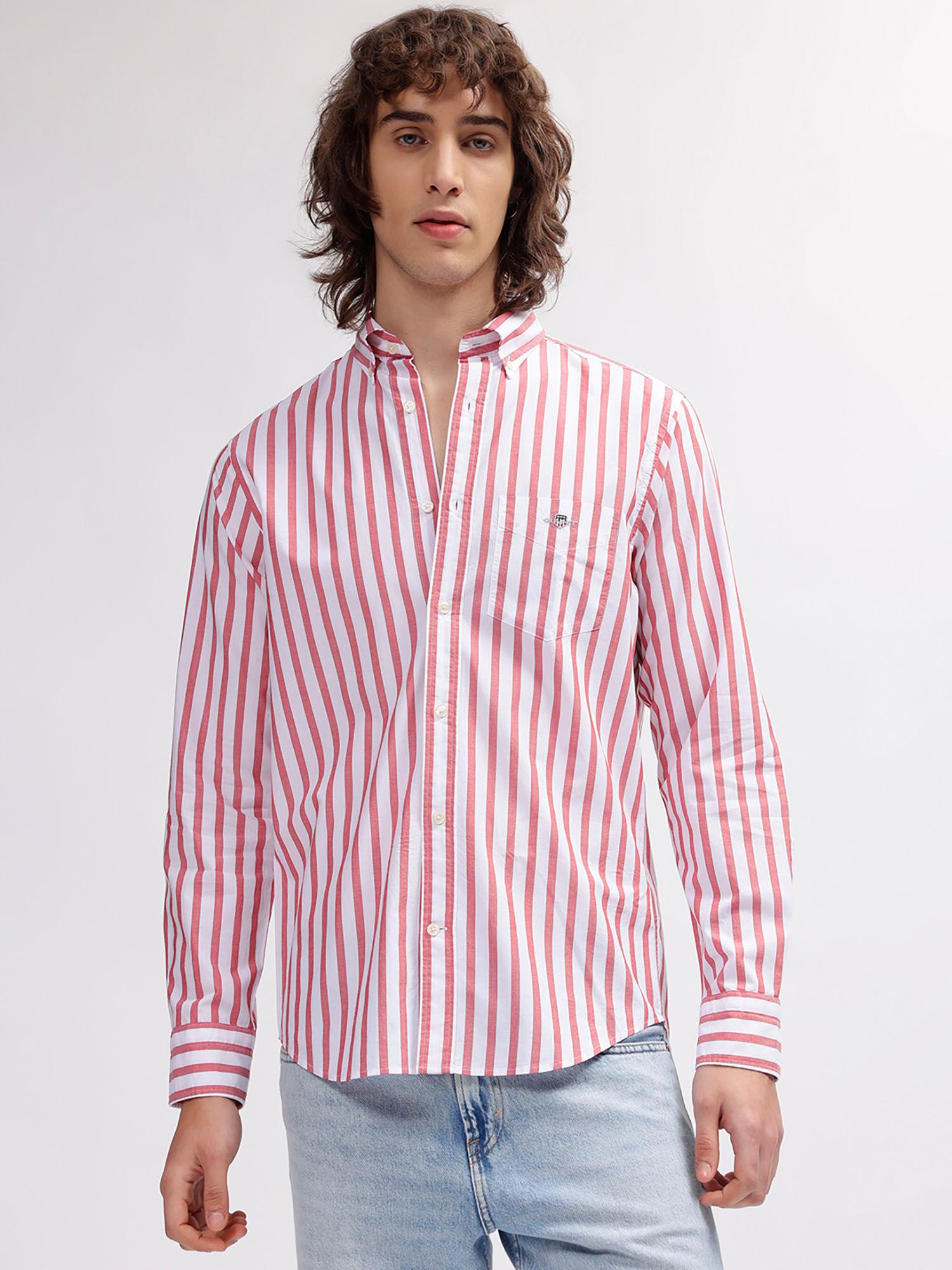 men red striped button down collar full sleeves shirt