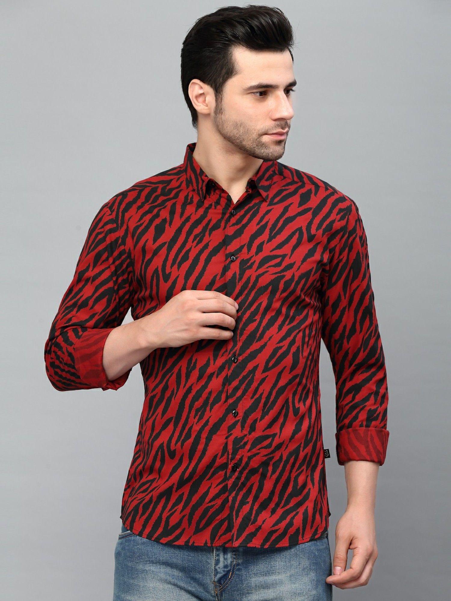men red zebra printed cut away collar full sleeve shirt