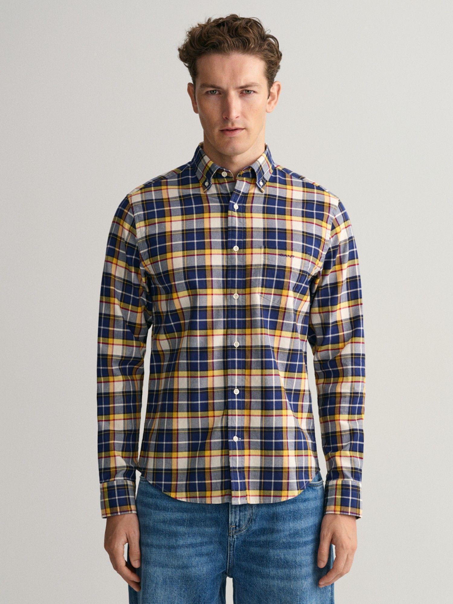 men regular blue checked oxford shirt