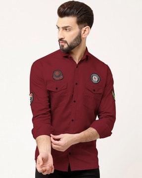men regular fit button-down shirt with patch-work