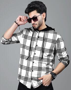 men regular fit checked hooded t-shirt