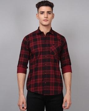men regular fit checked shirt with spread collar