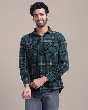 men regular fit checked spread-collar shirt