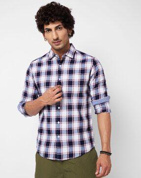 men regular fit checked spread-collar shirt