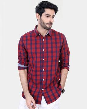 men regular fit checked spread-collar shirt