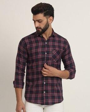 men regular fit checked spread-collar shirt