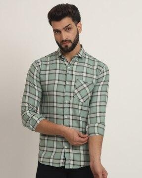 men regular fit checked spread-collar shirt