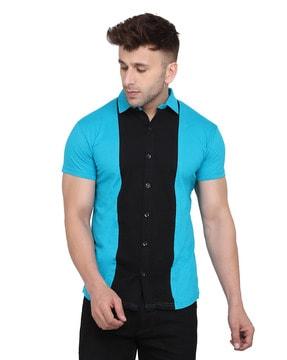 men regular fit colourblock shirt with spread collar