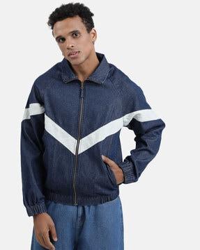 men regular fit denim jacket with contrast panel