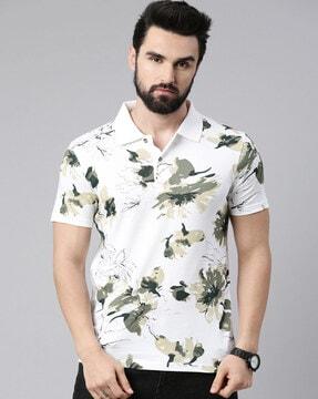 men regular fit floral print cotton polo t-shirt