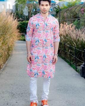 men regular fit floral print long kurta