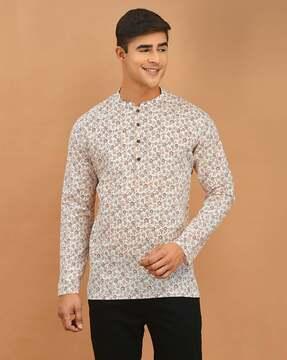 men regular fit floral print short kurta