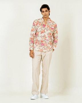 men regular fit floral print short kurta