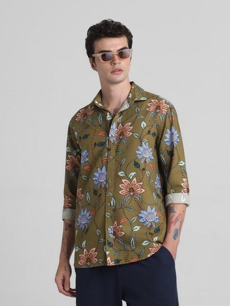 men regular fit floral print spread collar casual shirt