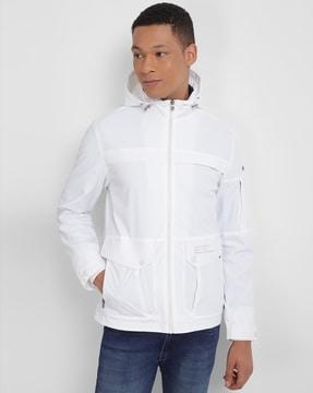 men regular fit hooded jacket with flap pockets