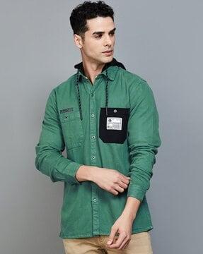 men regular fit hooded shirt with cuffed sleeves