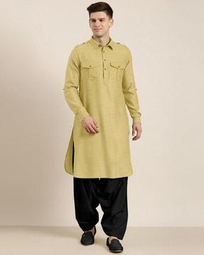 men regular fit kurta with flap-buttoned pockets