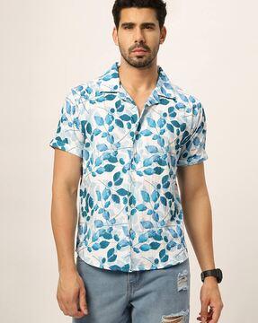 men regular fit leaf print shirt with short sleeves