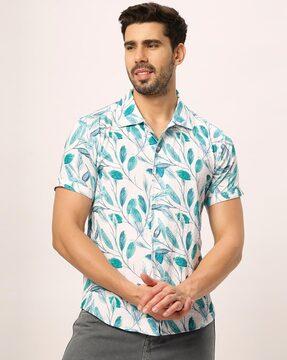 men regular fit leaf print shirt with short sleeves