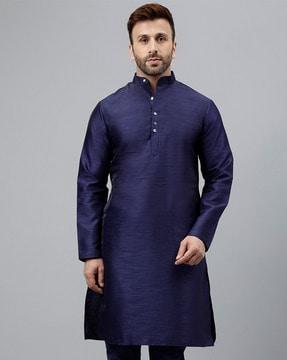 men regular fit long kurta with band collar