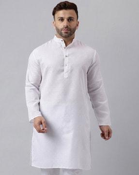 men regular fit long kurta with band collar