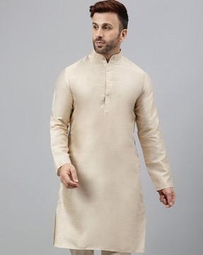 men regular fit long kurta with band collar