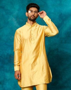 men regular fit long kurta with mandarin collar