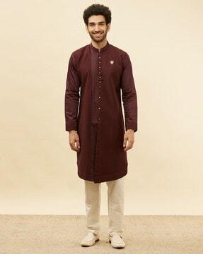 men regular fit long kurta with mandarin collar