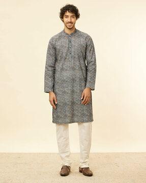 men regular fit long kurta with mandarin collar