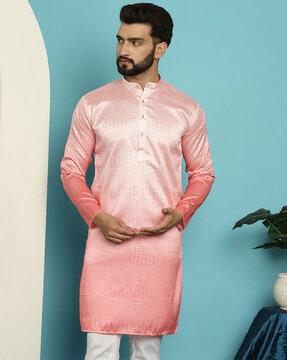 men regular fit long kurta with mandarin collar