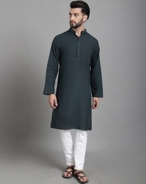 men regular fit long kurta with mandarin collar