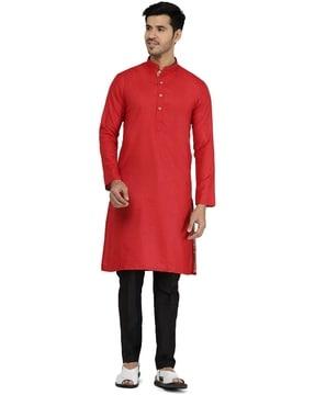 men regular fit long kurta with mandarin collar