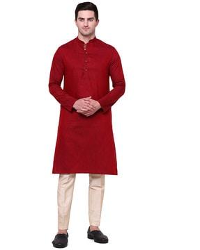 men regular fit long kurta with mandarin collar