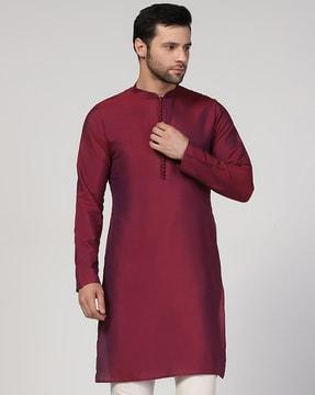 men regular fit long kurta with mandarin collar