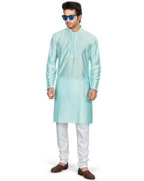 men regular fit long kurta with mandarin collar