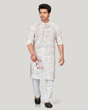 men regular fit long kurta with mandarin collar