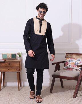 men regular fit long kurta with mandarin collar