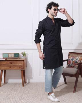 men regular fit long kurta with mandarin collar