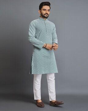 men regular fit long kurta with mandarin collar