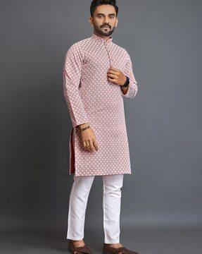 men regular fit long kurta with mandarin collar